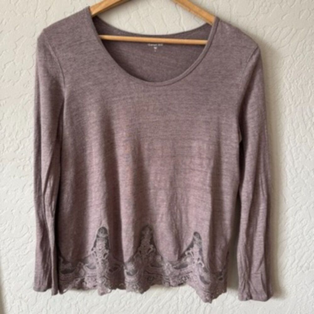 Garnet Hill Linen and Lace Top Mocha Small 100% Linen Lace Hem Long Sleeve